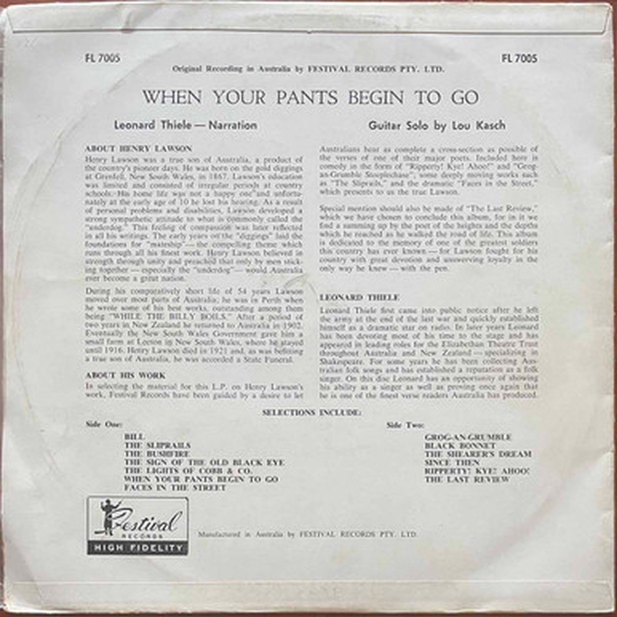 Henry LawsonSpoken ByLeonard Thiele - When Your Pants Begin To Go (LP) - VG+/VG
