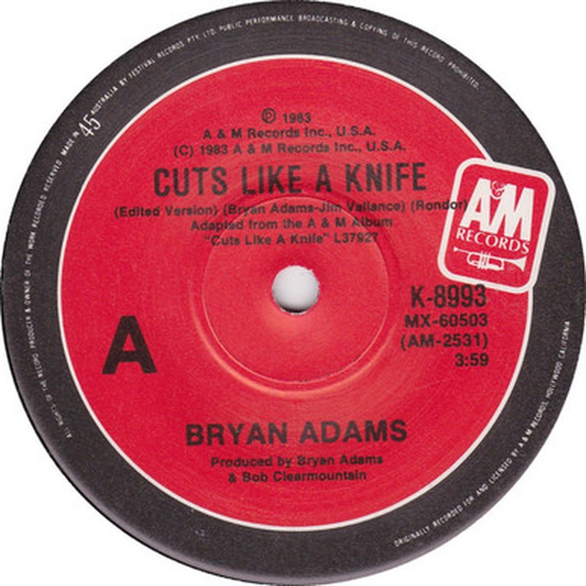 Bryan Adams - Cuts Like A Knife (7" Single) - 45RPM - VG/Generic