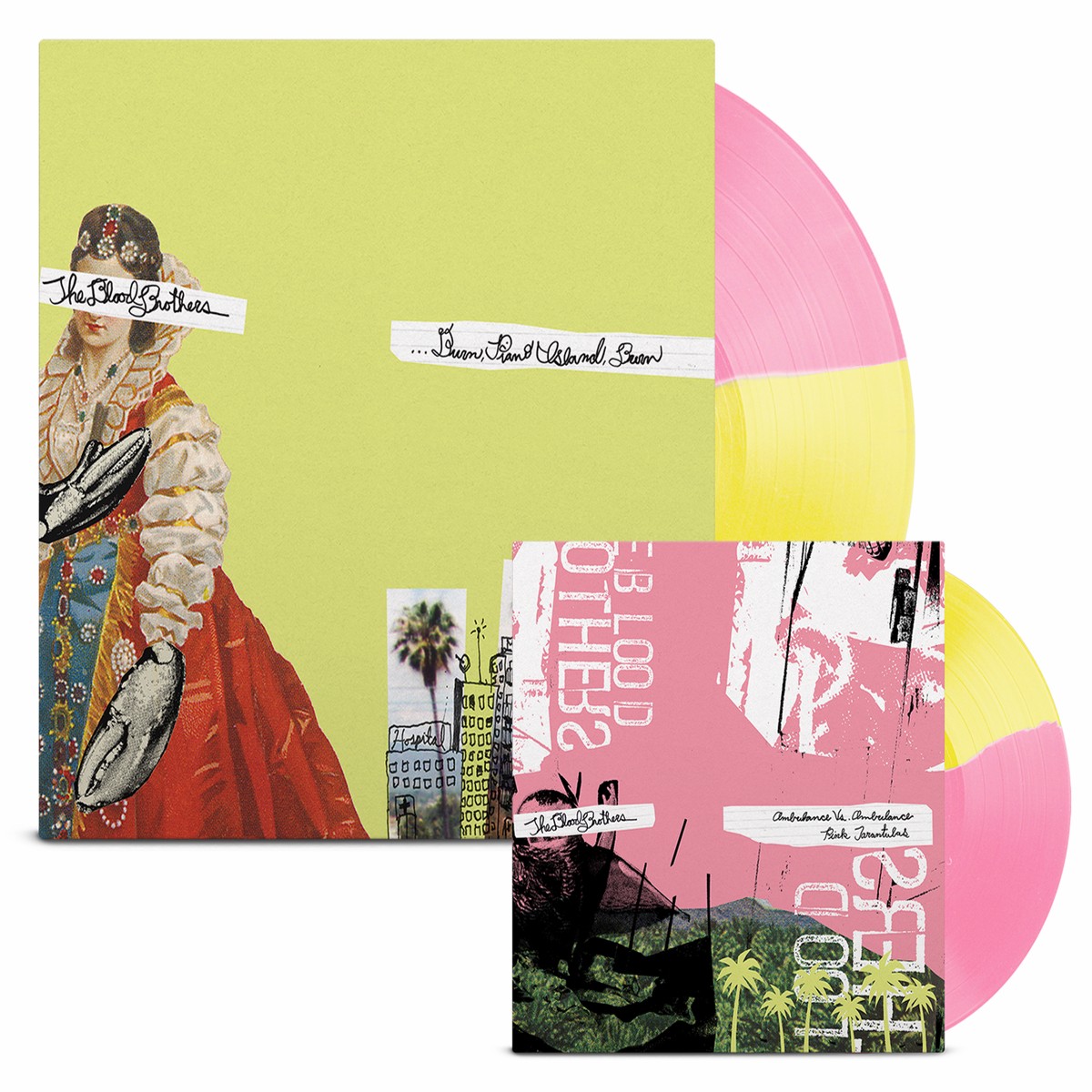 THE BLOOD BROTHERS BURN, PIANO ISLAND, BURN DELUXE COLLECTOR'S EDITION LP + 7" (Limited Edition Only 500 Made, Half Opaque Yellow / Half Opaque Pink Vinyl)