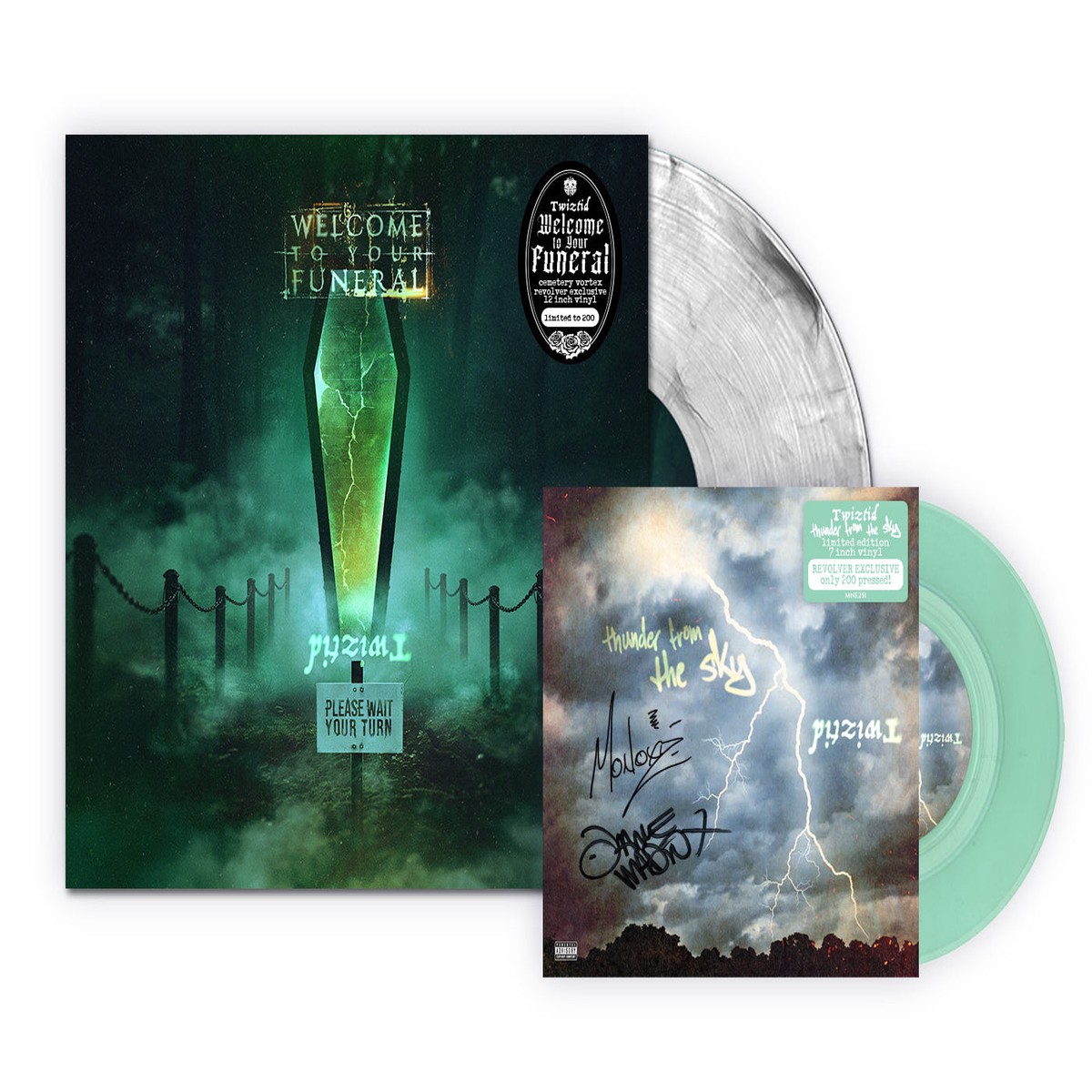 TWIZTID 'WELCOME TO YOUR FUNERAL' LP + 7" (Limited Edition Only 200 made, "Cemetery Vortex" Clear w/ Gray & Black Smoke 12" + SIGNED Mint Green 7" Vinyl)