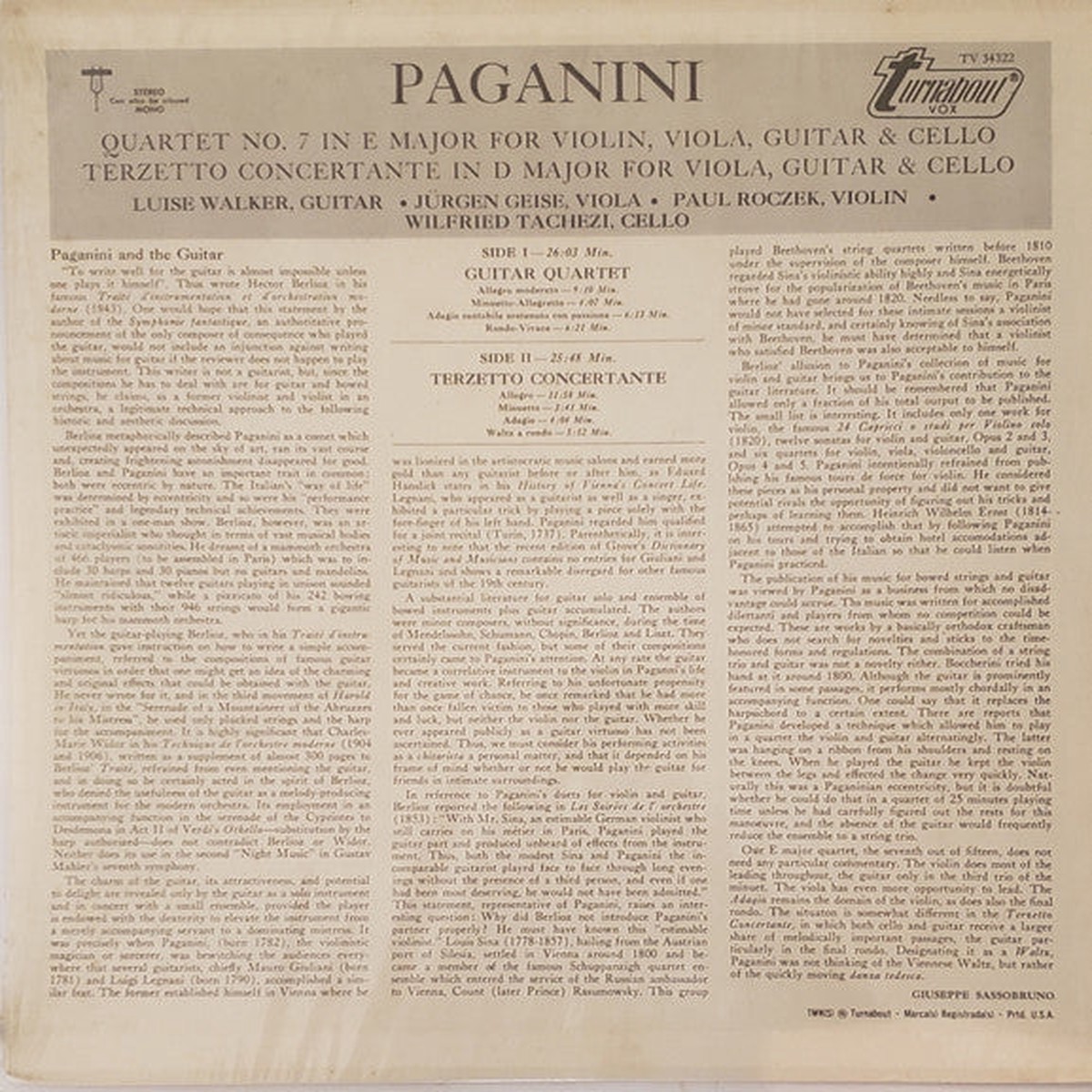 Paganini, Luise Walker - Quartet For Guitar, Violin, Viola & Cello / Terzetto Conceretante For Guitar, Viola & Cello (Vinyl, VG)
