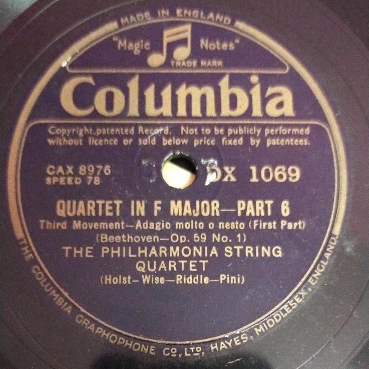 Quartet in F Major Part 05 78 RPM Record By Beethoven DX 1071